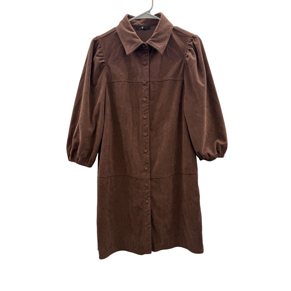 7‎ For All Mankind Corduroy Shirt Dress M Brown Puff Sleeve Button Front Midi
